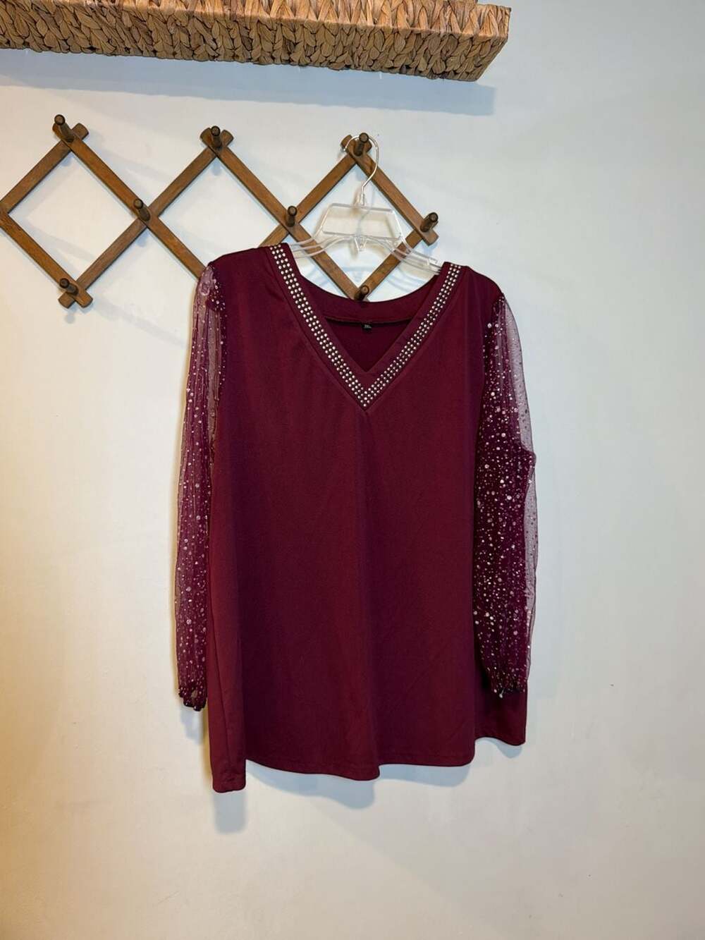 Burgundy V-Neck Long Sleeve Blouse with Sheer Glitter Sleeves Size 2XL